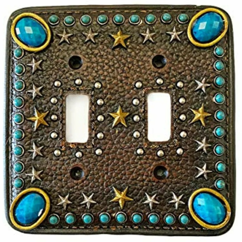 Western Turquoise Teal Gem and Star Double Light Switch Plate